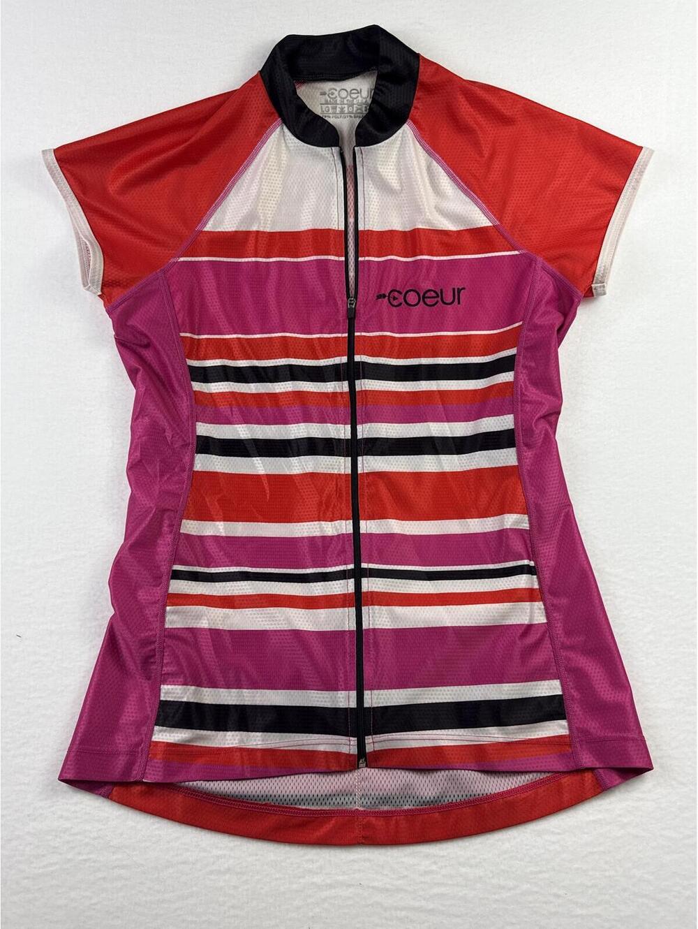 Coeur Women's Short Sleeve Cycling Jersey Zip Front Striped Pink Red Size L